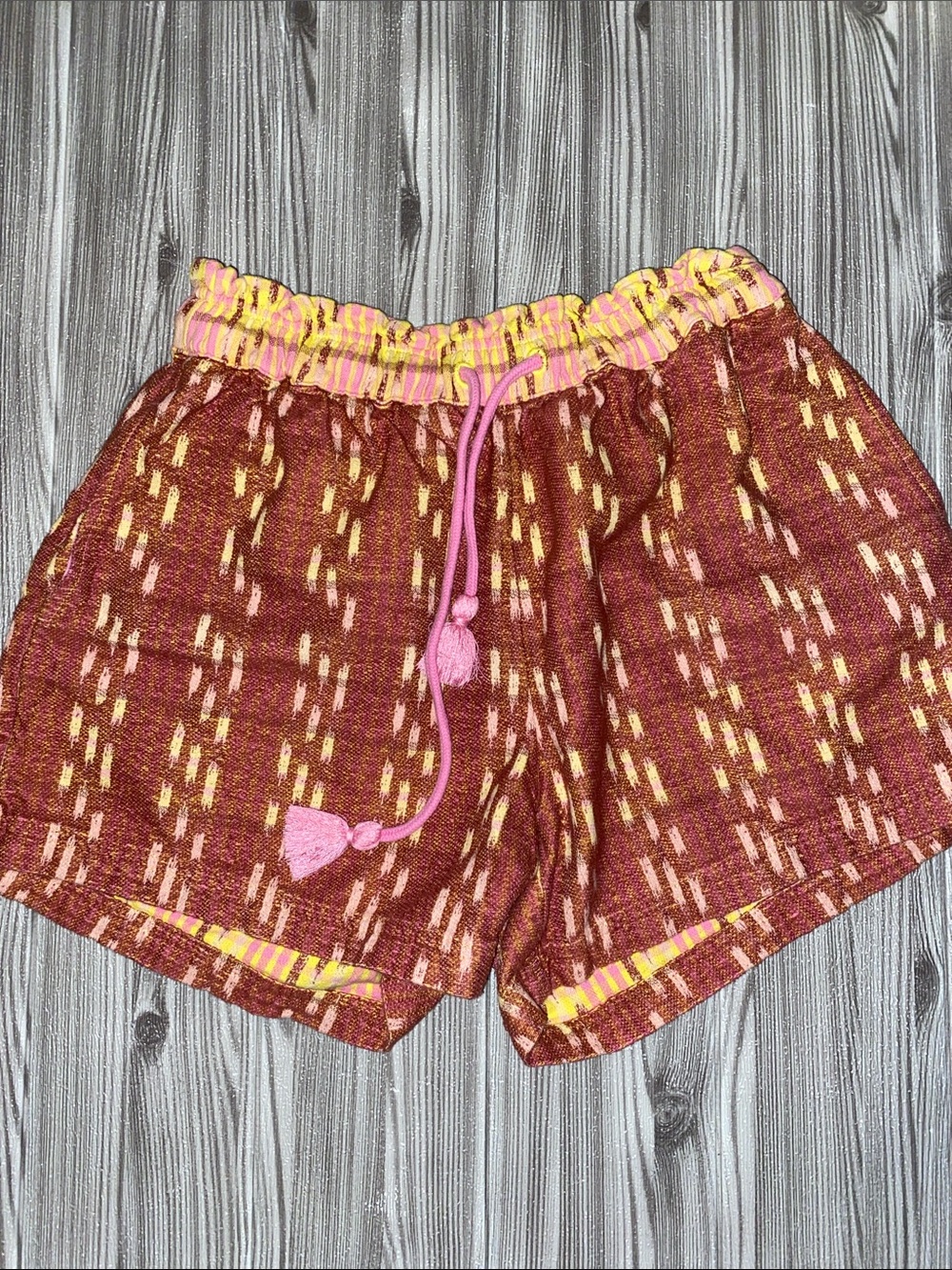 aerie Maroon Patterned Drawstring Shorts with Pink & Yellow Trim